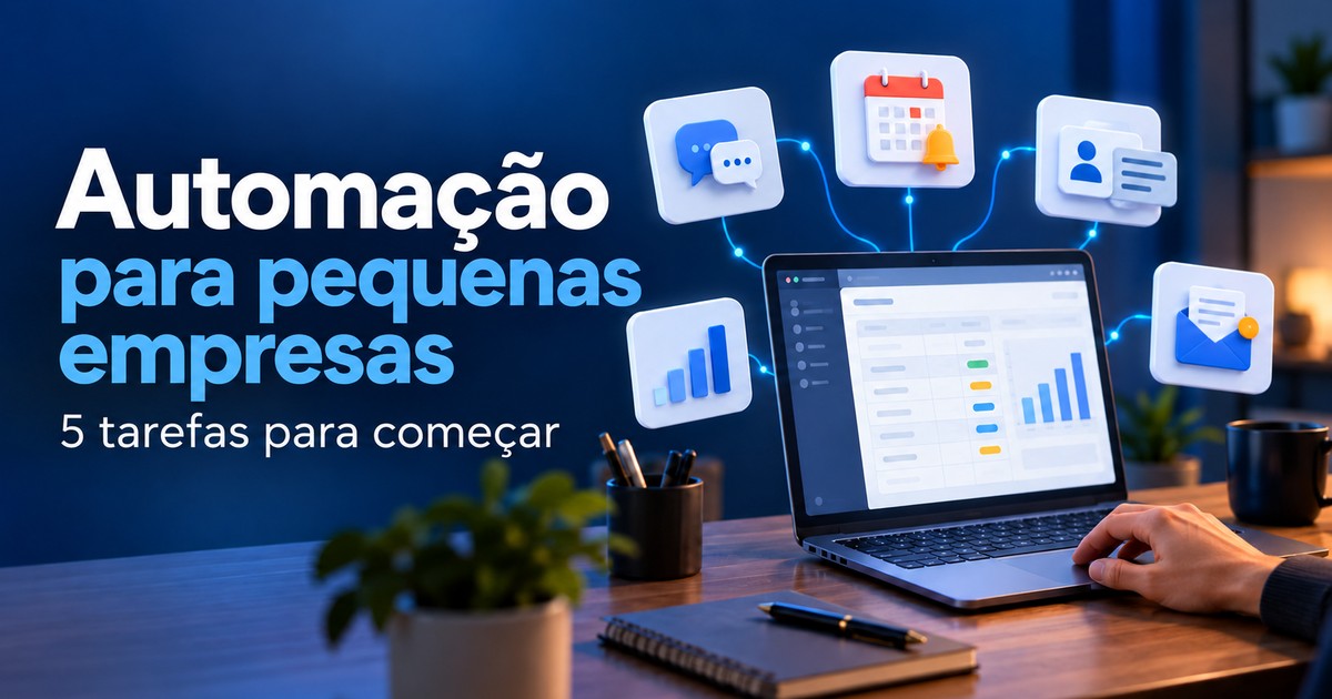Capa com o título Automação para pequenas empresas e ícones de mensagens, agenda e gráfico ligados a um notebook
