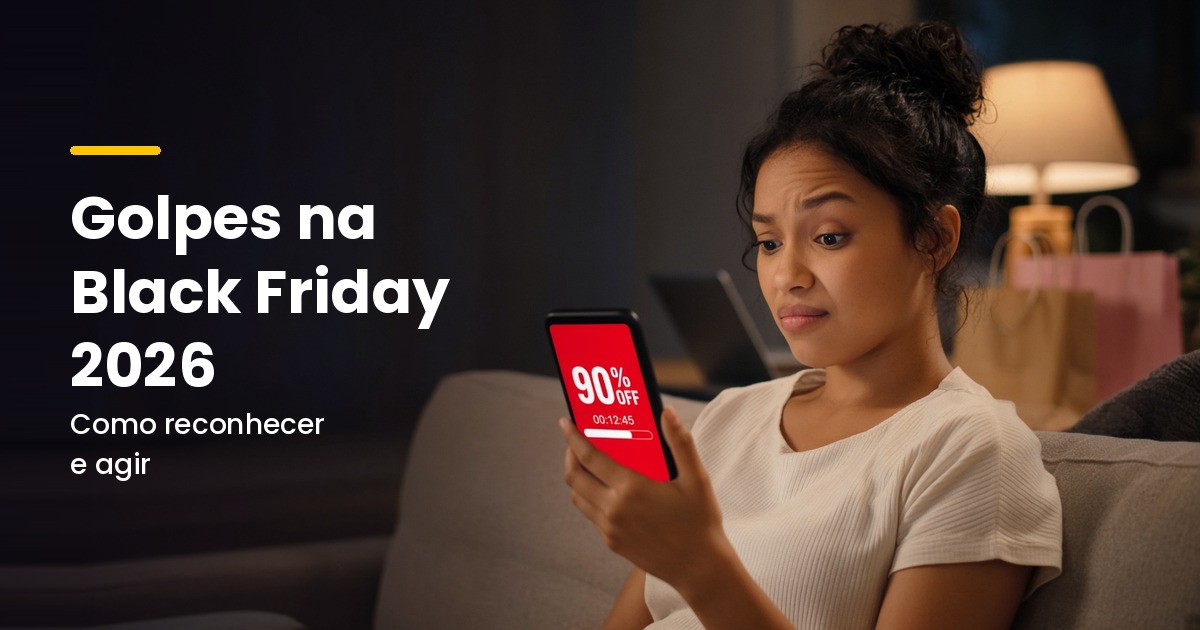 Imagem gerada por IA: mulher olha o celular com desconfiança diante de uma oferta de 90% de desconto
